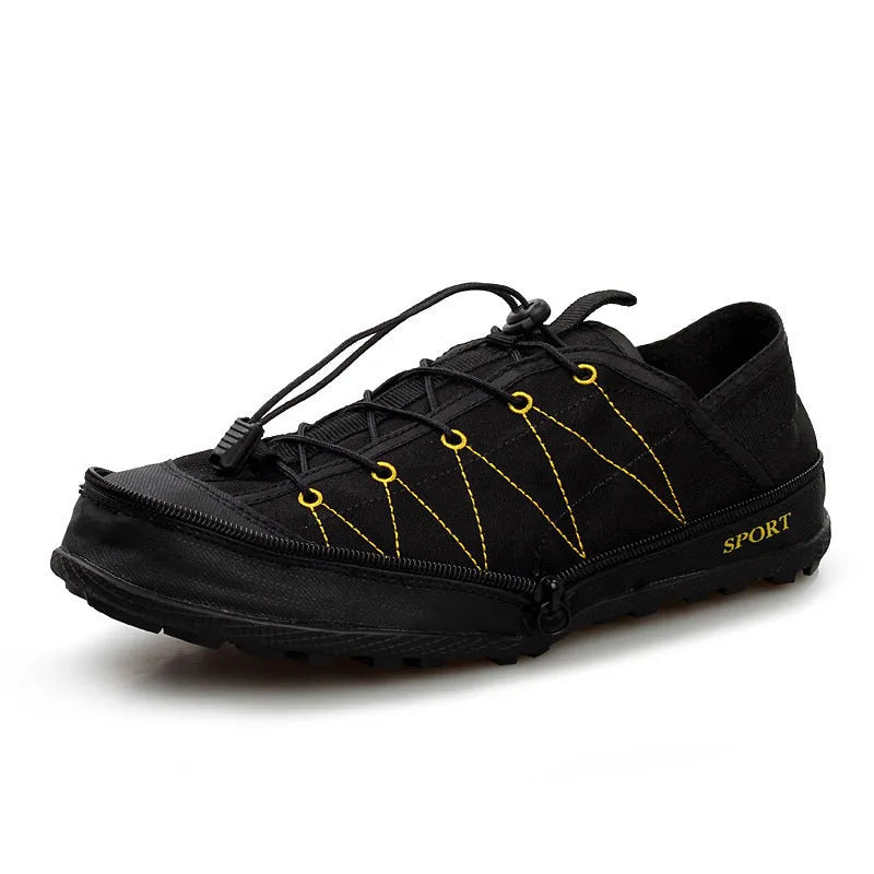 Orange, black, and grey folding outdoor shoes with a side zipper and mesh upper.