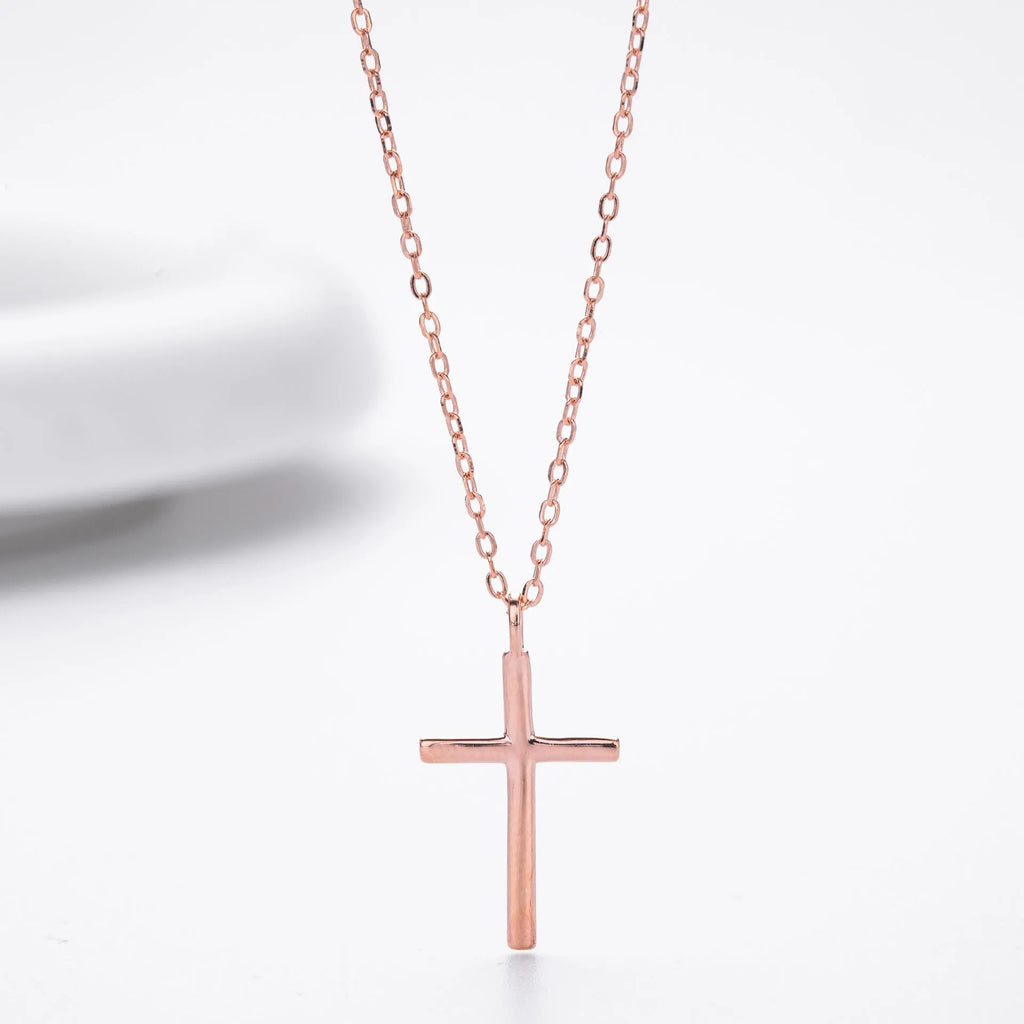 Sterling silver necklace with simple cross pendant on adjustable O-shaped chain in gold, platinum, or rose gold finish
