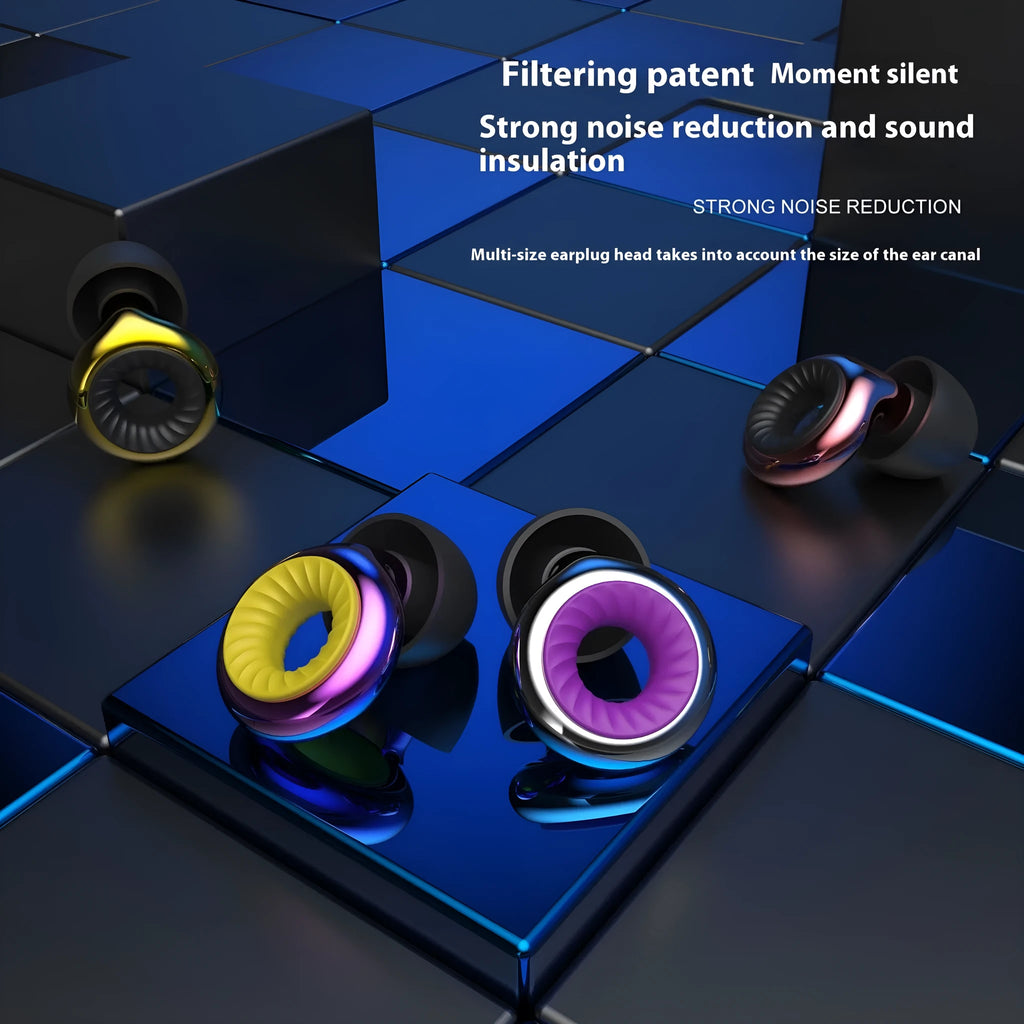 Noise reduction sleep earplugs in gold, silver, transparent, purple, and rose gold colours with storage box