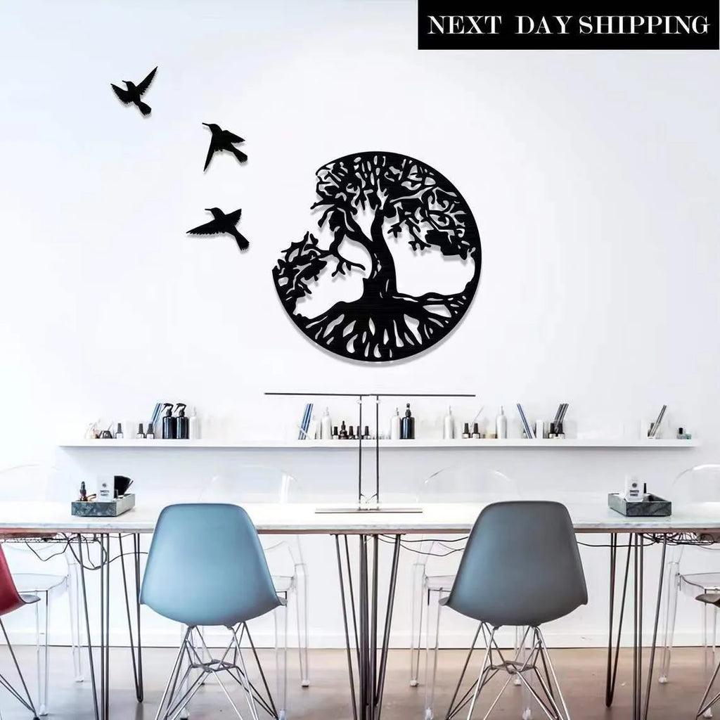 Black electroplated iron wall art designed as a modern simple wind chime hanging ornament.