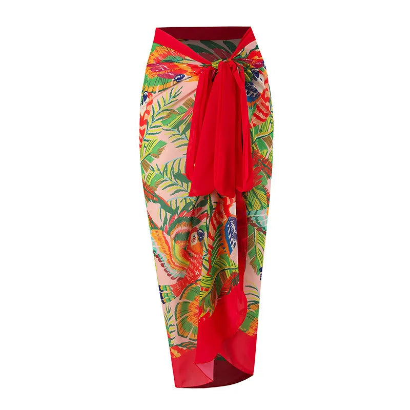 Blue printed one-piece swimsuit for women with an attached long gauze skirt.