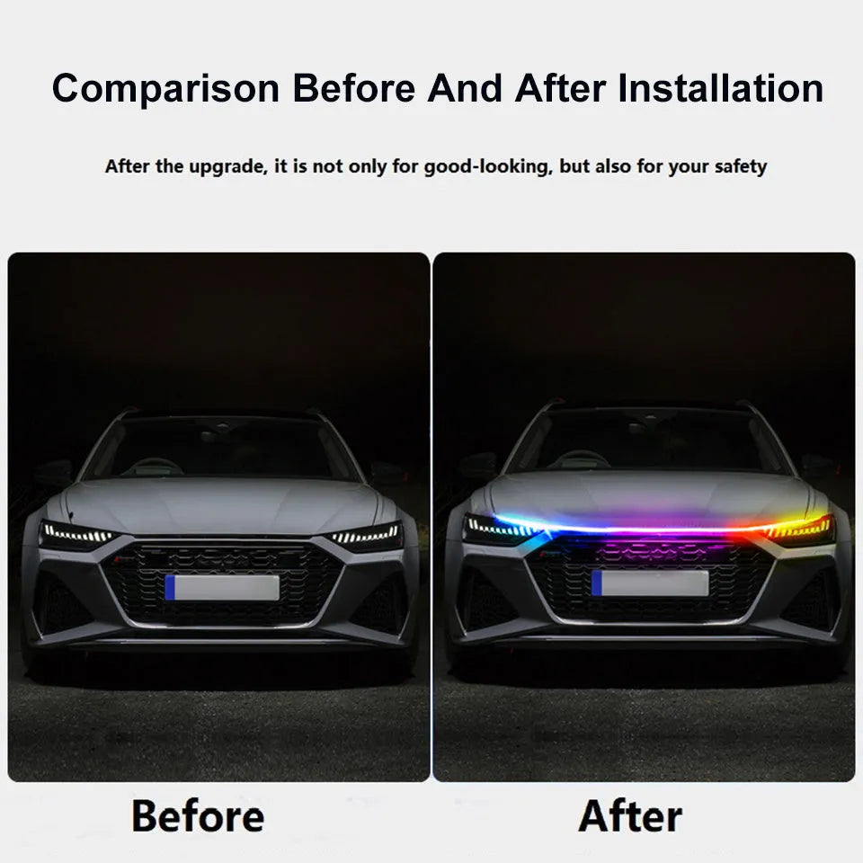 Flexible PVC LED light strip for installing on General Motors car engine covers, showing different colour options.