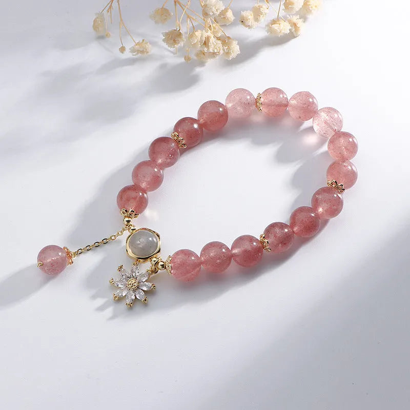 Strawberry quartz crystal bracelet with electroplated floral elements in Mori style
