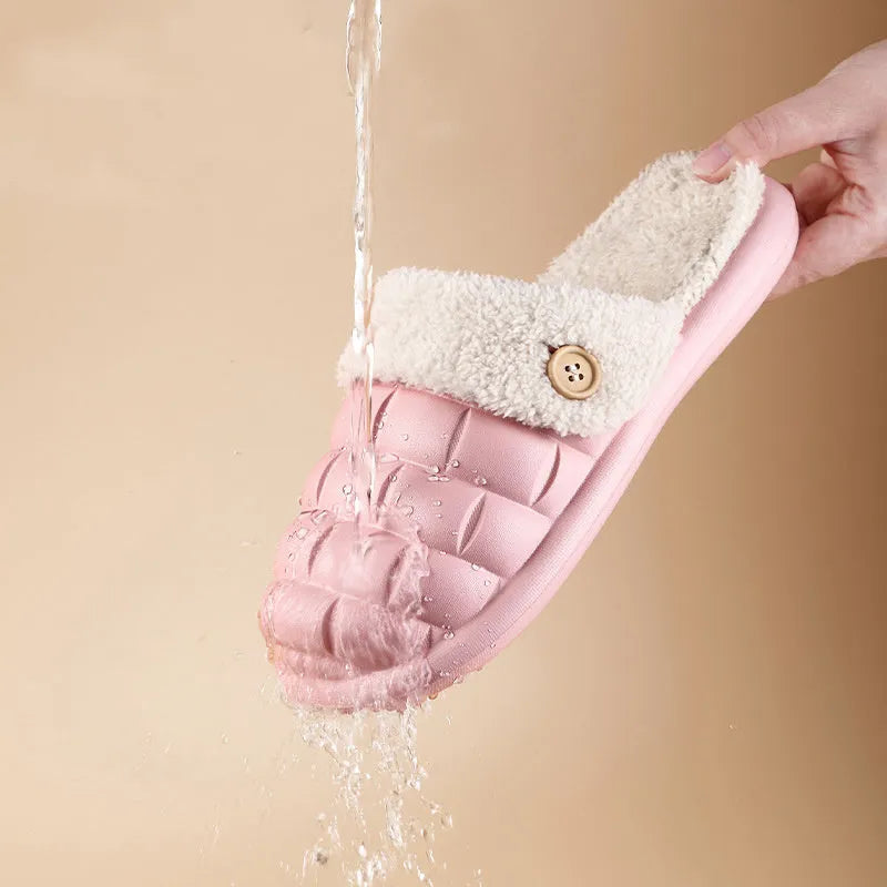 Plaid detachable EVA house slippers with plush lining, shown in pink for women.