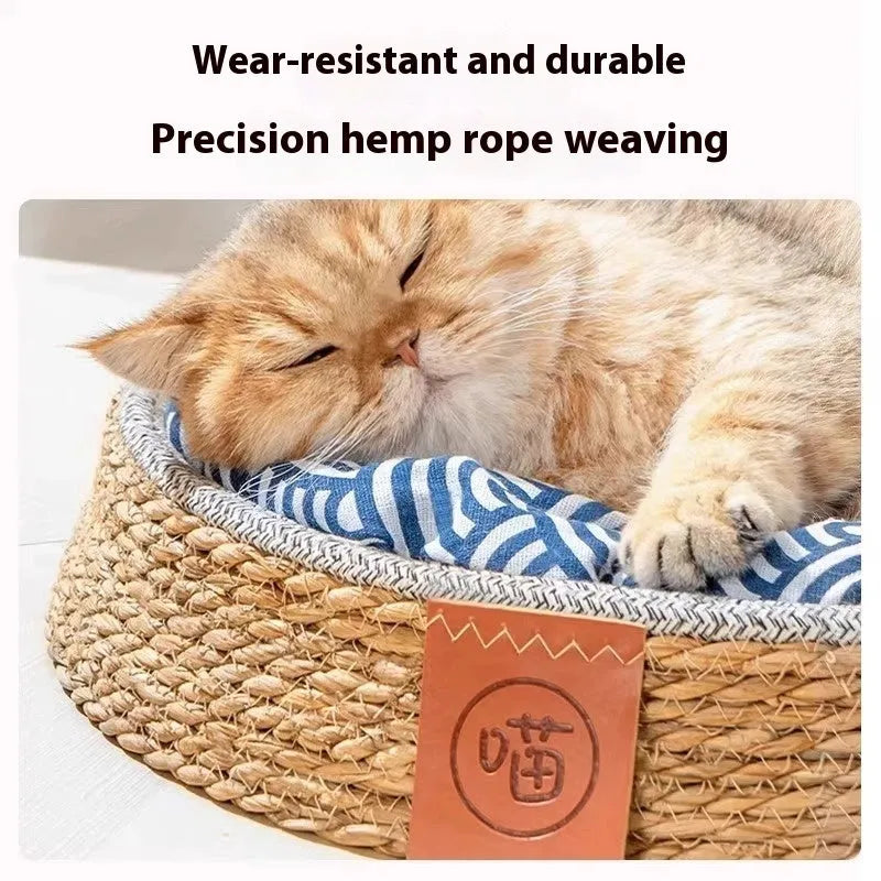 Rattan woven cat nest bed for indoor cats, available in four sizes.