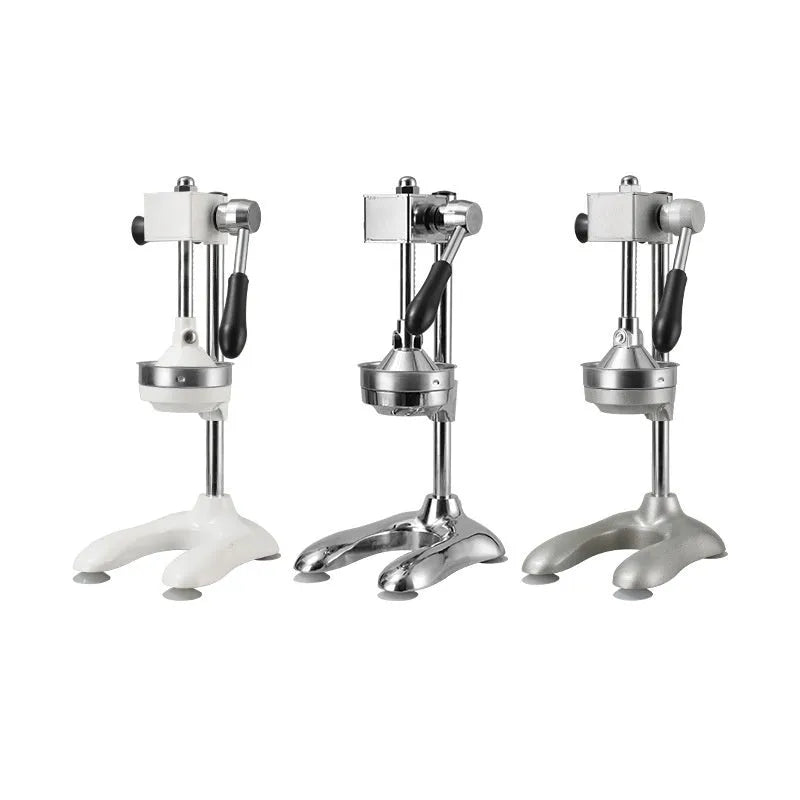 Vertical stainless steel manual citrus juicer shown in multiple colour and tip head options.