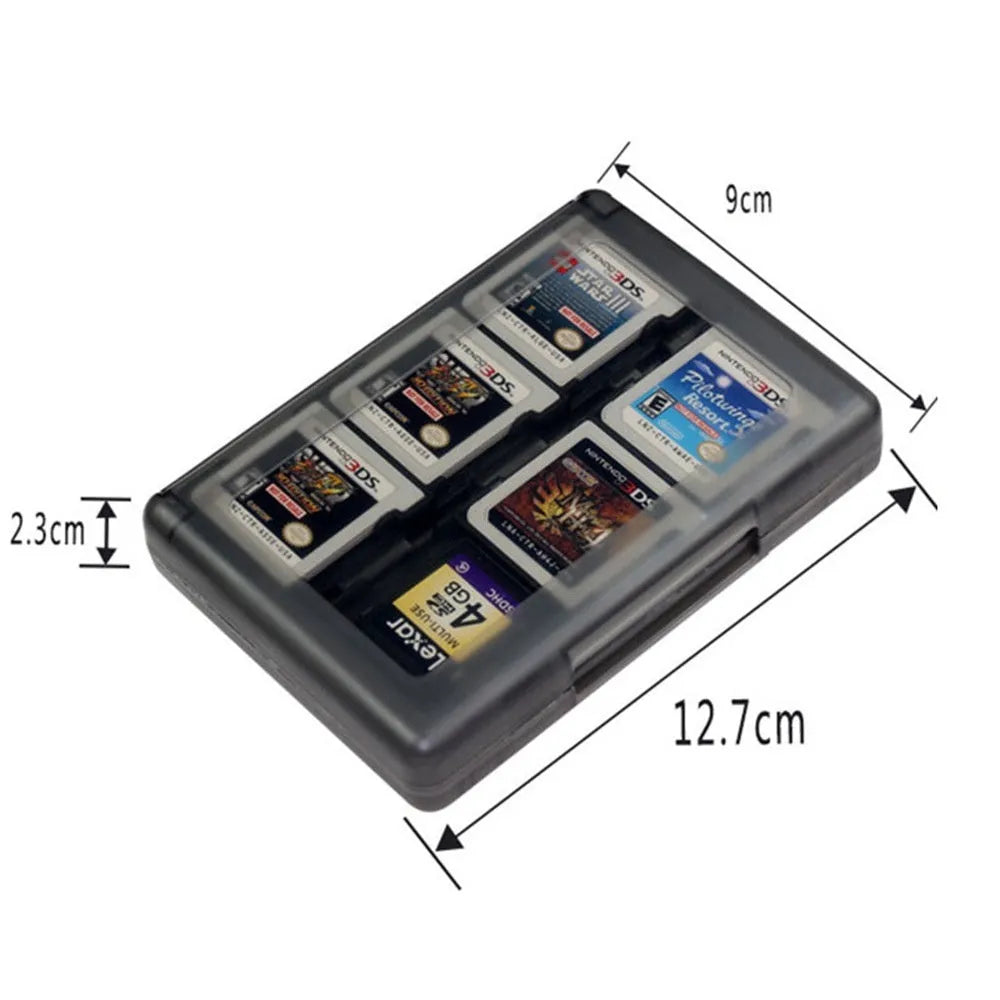 NDS 3DS 24-game card storage box in black blue pink white colours showing game cartridge capacity