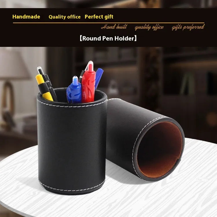 Round black leather pen holder container showing 8.0cm diameter and 10.8cm height dimensions