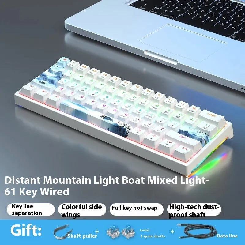 61-key compact mechanical keyboard with blue-white tea switches and wired connection