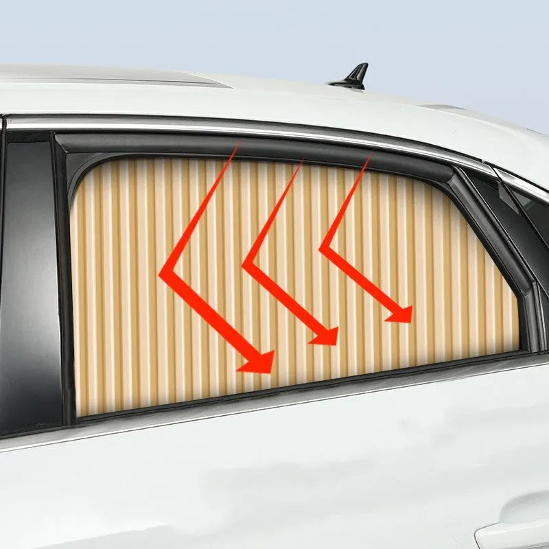 Auto retractable car sunshade curtain in opaque cloth, shown in a silver colour on a car window.