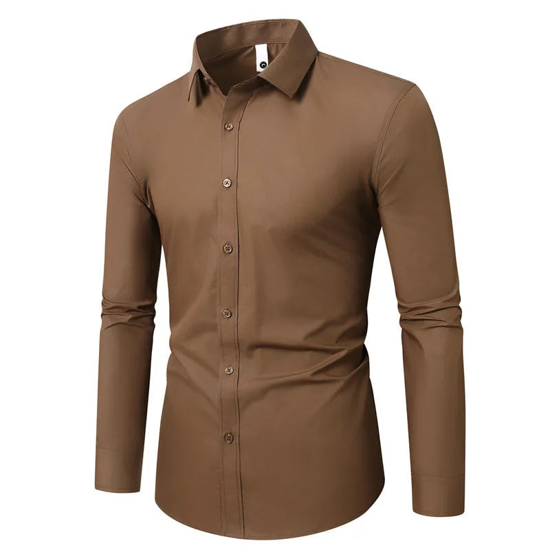 Men's loose-fit long-sleeve linen shirt on a hanger, shown in a neutral colour.