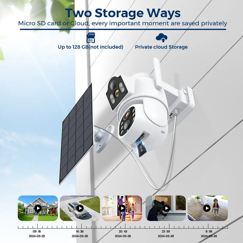 White outdoor solar-powered wireless wifi security camera with attached solar panel on a wall.