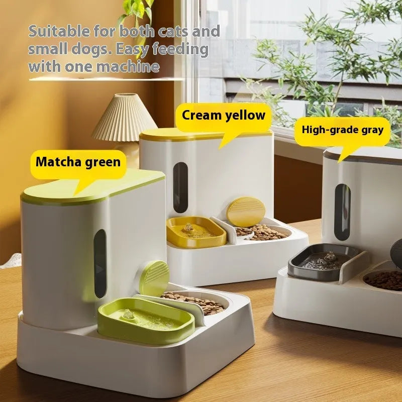 Grey automatic cat feeder and water dispenser unit with two bowls.