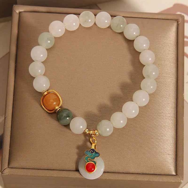 Women's adjustable ice jade bracelet with pearl accents and xiangyun jade buckle