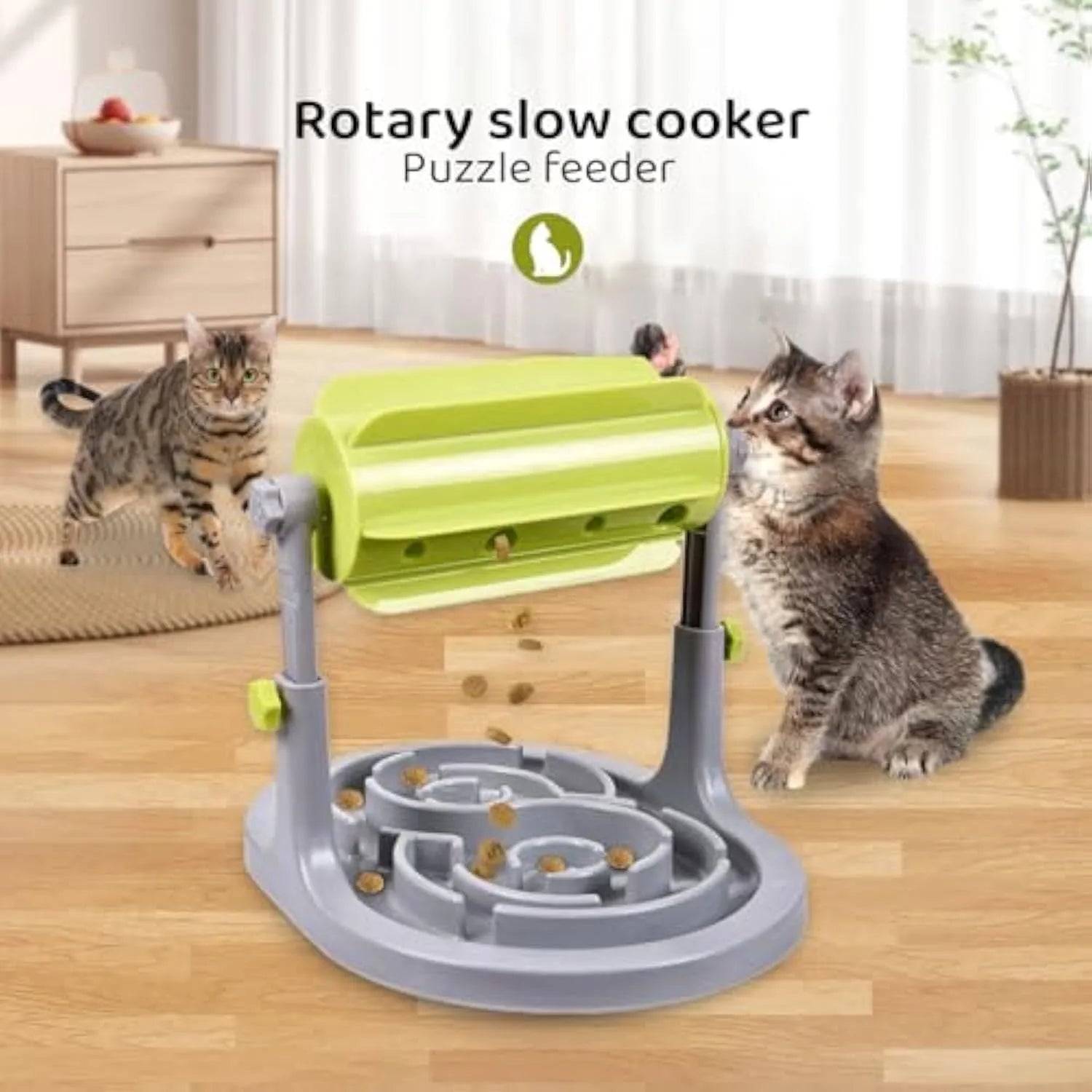 Interactive pet food puzzle bowl with raised patterns and adjustable height in blue, green, or pink colours