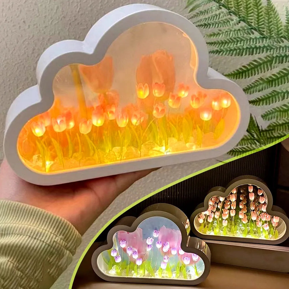 DIY tulip night lamp with mirror and LED light in pink colour on a desk