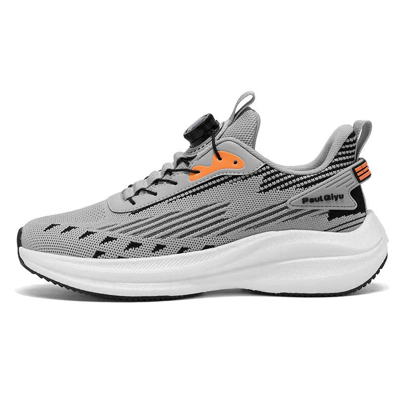 Men's white green and gray running shoes with rotating buckle and mesh upper on flat TPU sole.