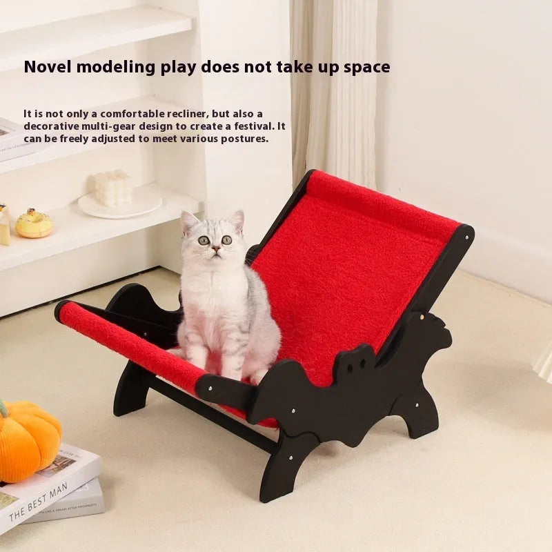 Solid wooden cat lounge chair with bat-wing Halloween design in black and red colours