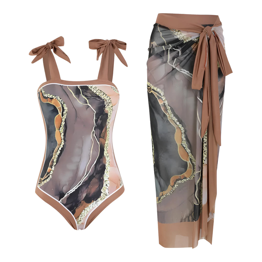 Floral mesh tube top one-piece swimsuit with matching skirt in polyester fabric