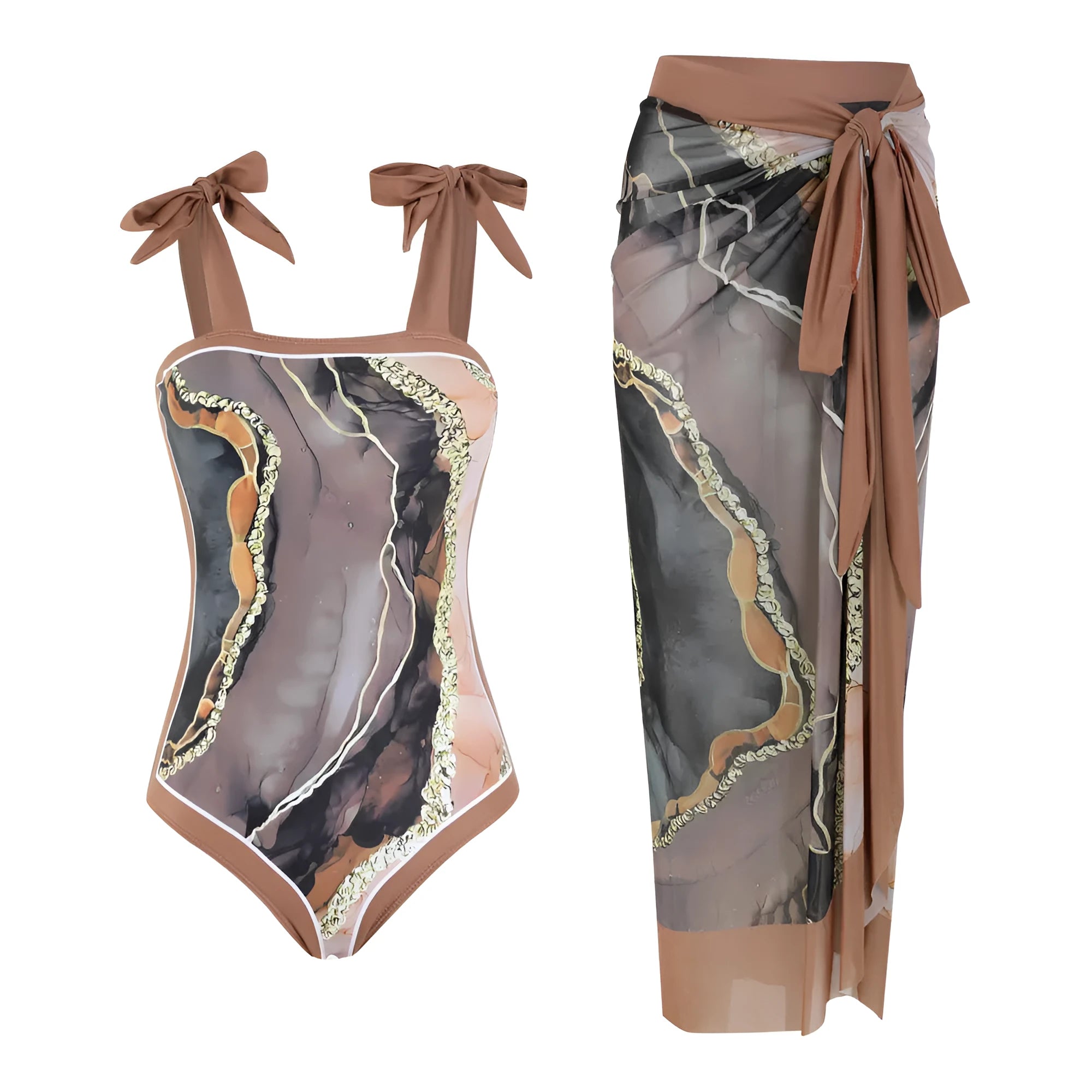 Floral mesh tube top one-piece swimsuit with matching skirt in polyester fabric