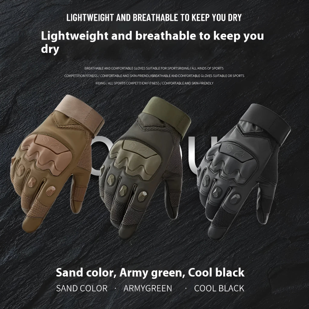 Men's black tactical full finger gloves with touch screen fingertips on a hand