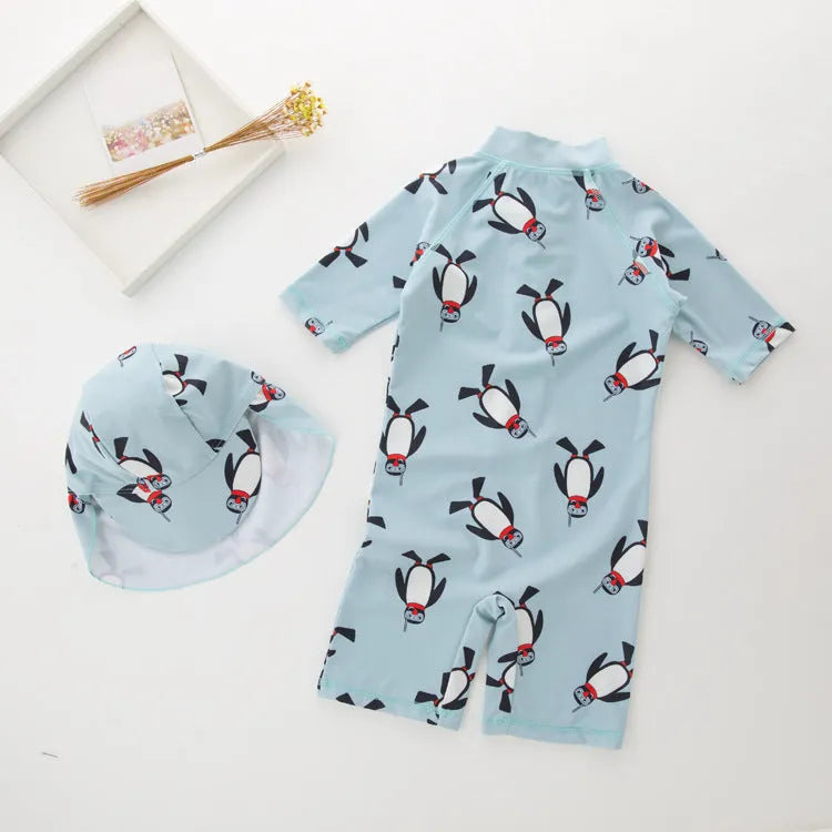 Boys penguin print long sleeve one-piece swimsuit with matching swim cap on size chart