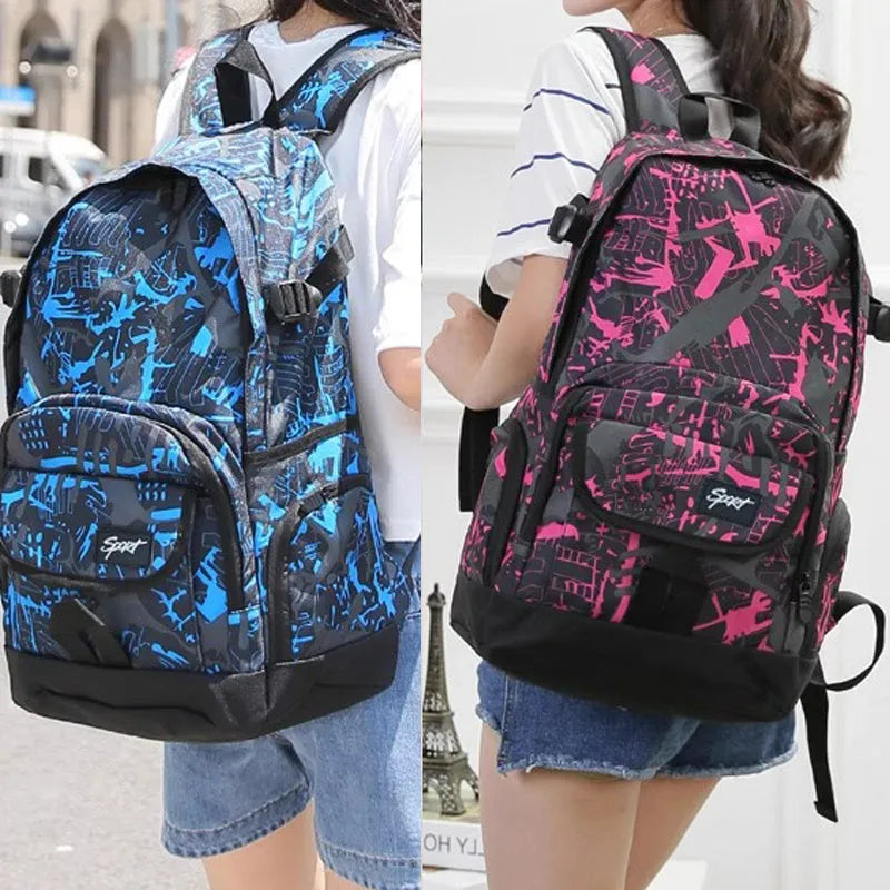Blue and red classic nylon backpack with large main compartment for school, travel, and outdoor use