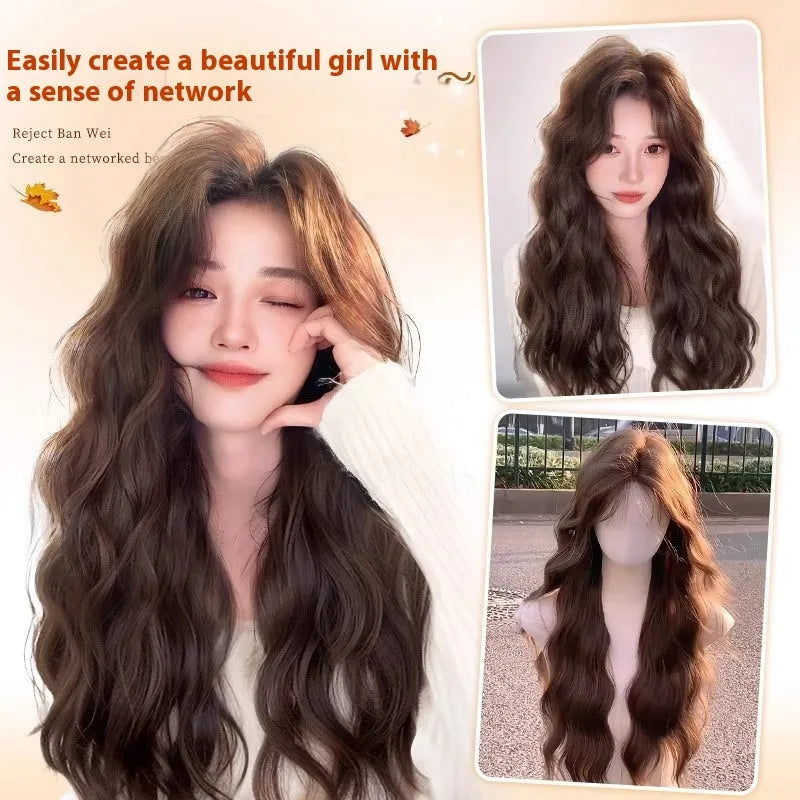 Women's long curly full-head wig with side fringe in high-temperature fibre