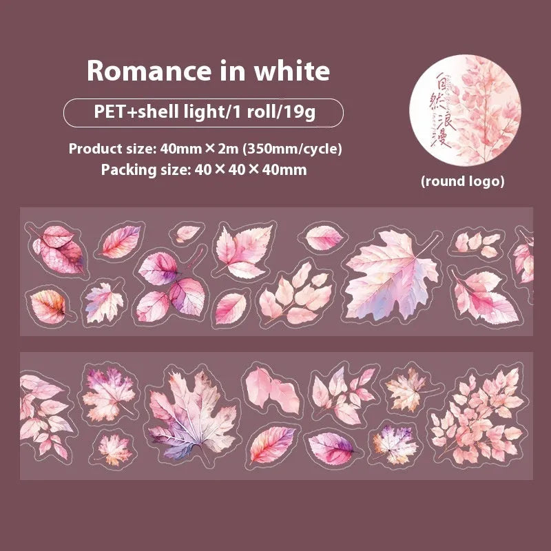 Deciduous Poetry series PET decorative sticker roll showing 40mm width and autumn leaf colour designs.