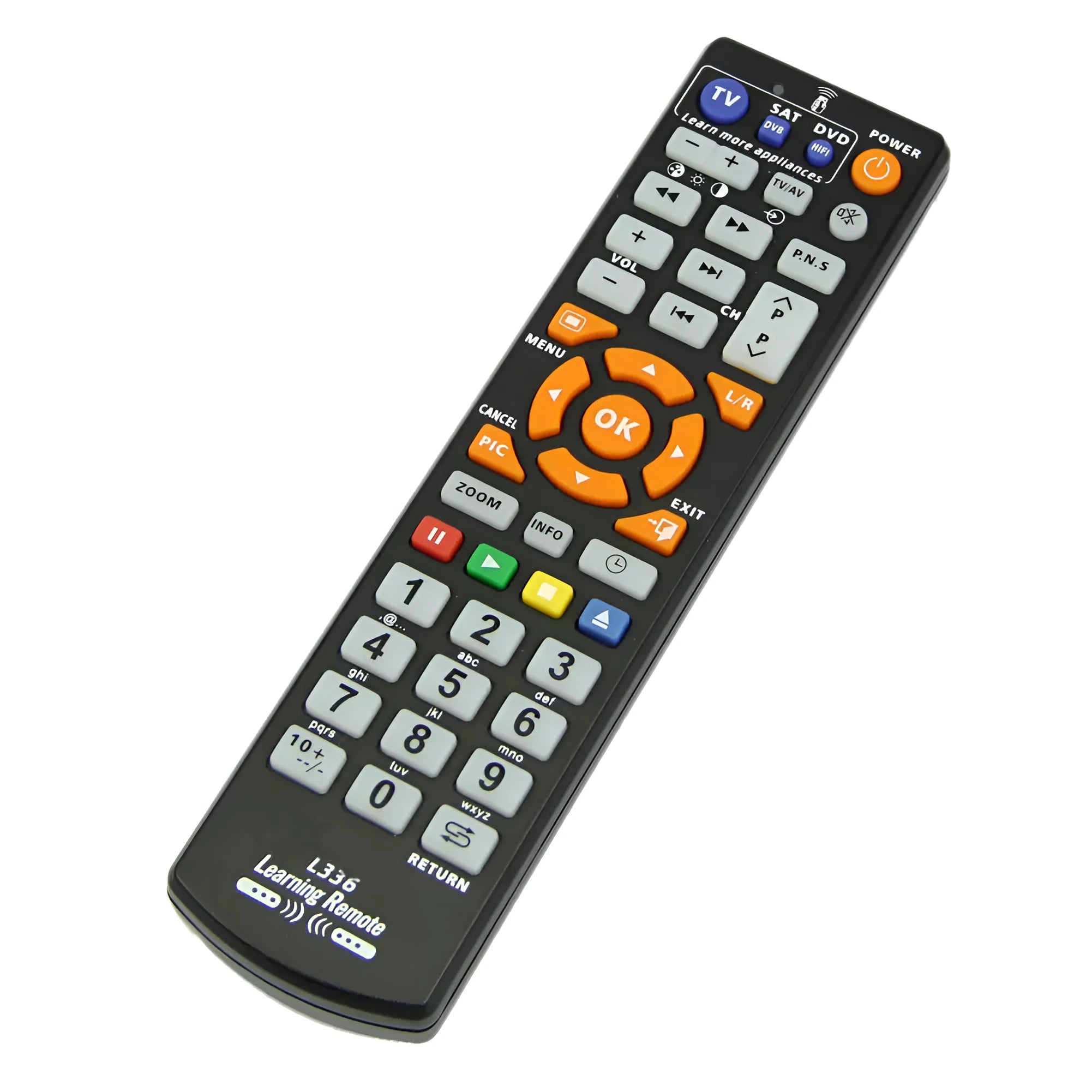 Black L336 universal learning remote control with full button layout