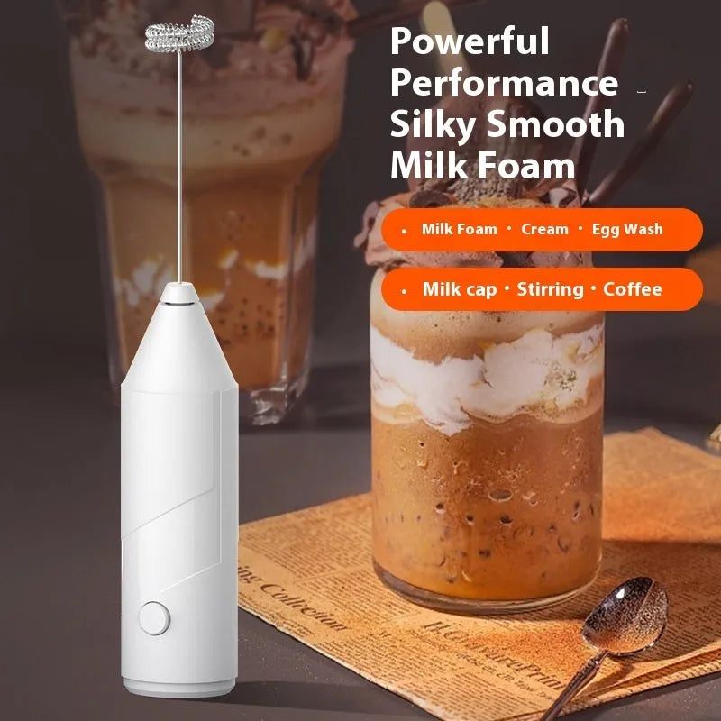 Handheld USB rechargeable milk frother in black, white or khaki with stainless steel stirring rod