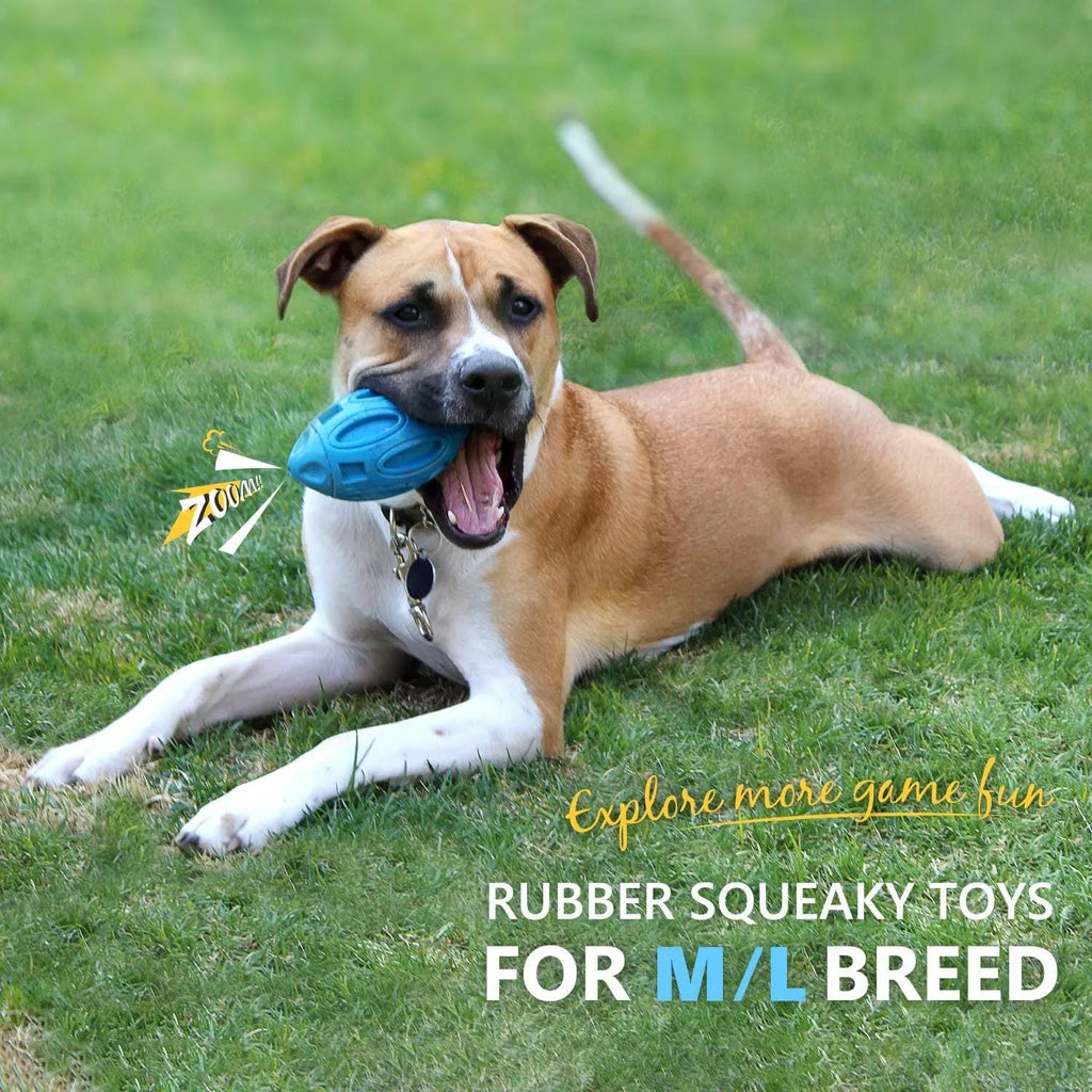Natural rubber squeaky dog chew ball with textured surface grooves in blue, green, or orange colours