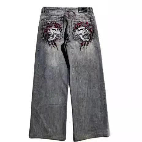 Men's grey washed-out straight-leg jeans with wide leg silhouette in retro workwear style
