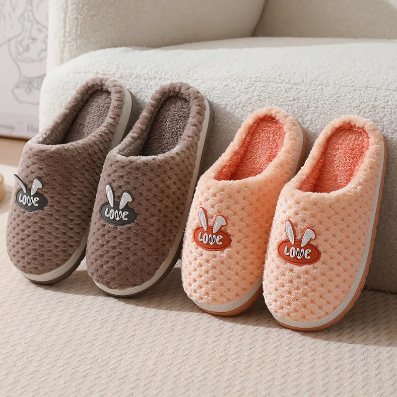 Women's plaid rabbit design artificial fur house slippers with a thick rubber sole, shown in multiple colour options.