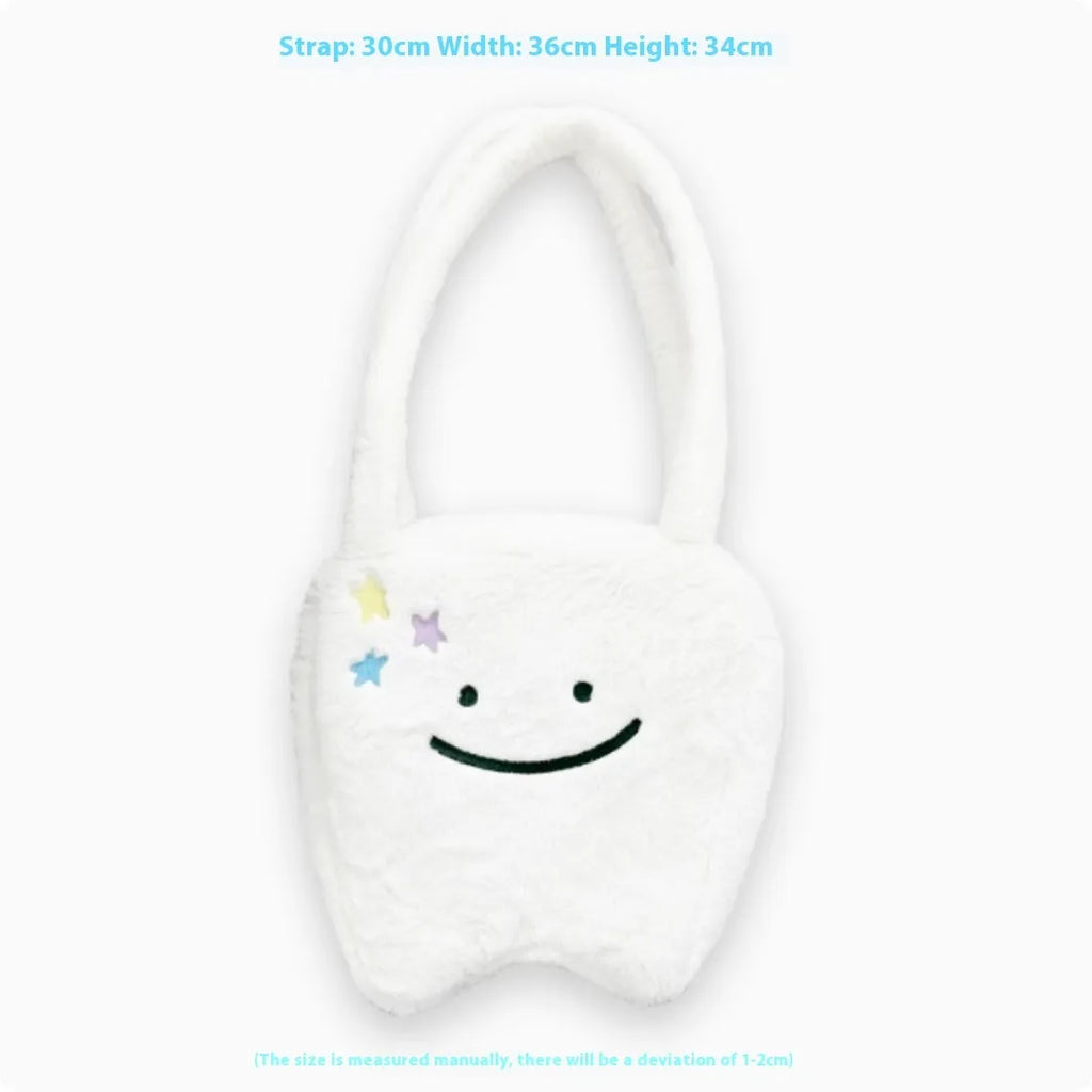 White plush shoulder tote bag with cute teeth design and crossbody strap