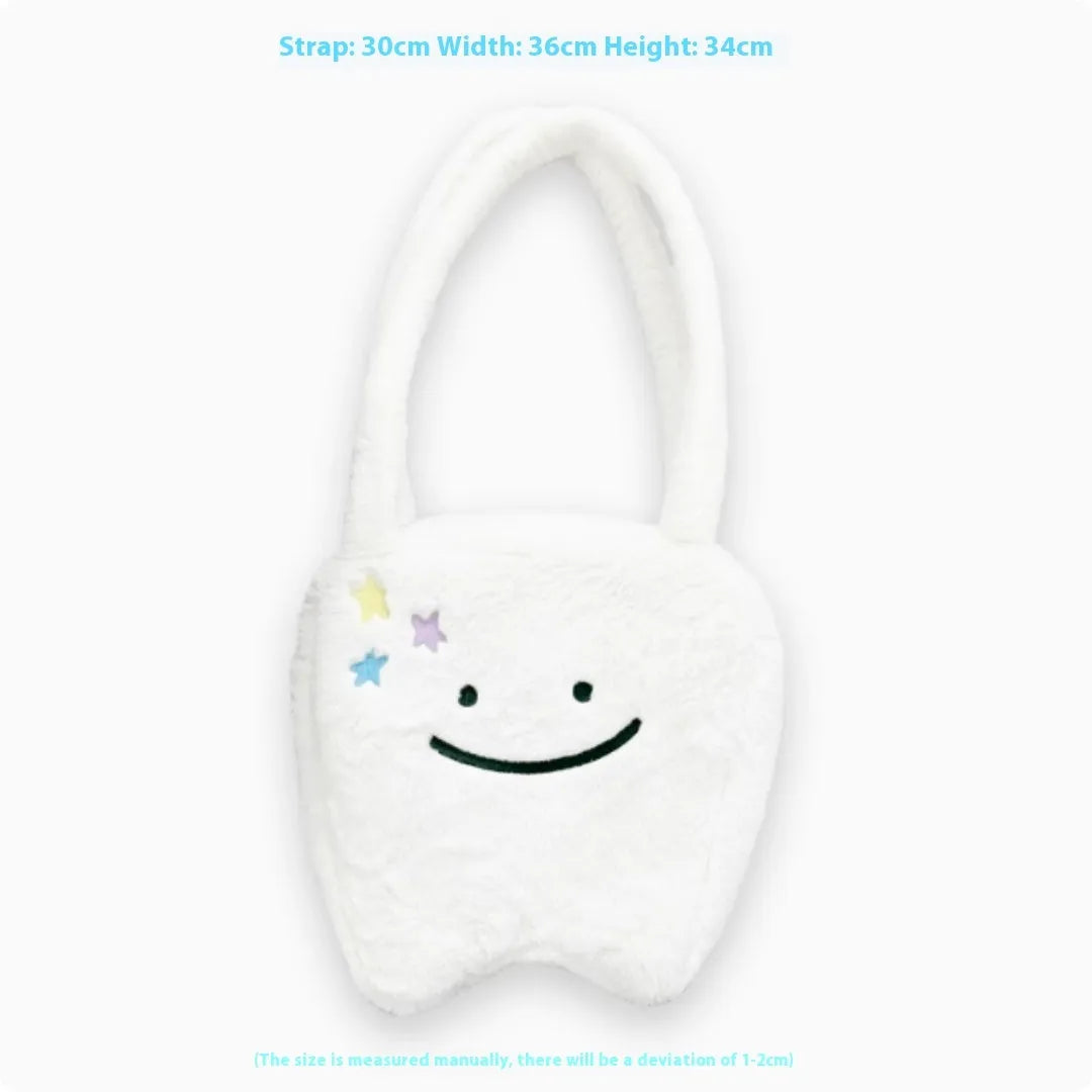 White plush shoulder tote bag with cute teeth design and crossbody strap