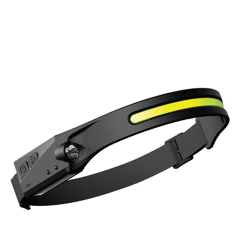COB LED induction headlamp with silicone body, wide 230-degree beam, and separate long-distance side LED on a dark outdoor background