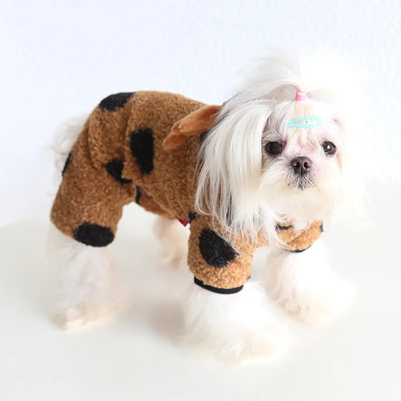 Polka dot pet clothing for dogs or cats in skirt and four-leg styles with elk couple design.