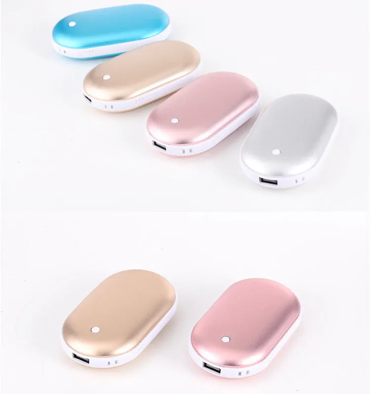USB rechargeable mini hand warmer and power bank in rose gold, showing compact size and modern design.