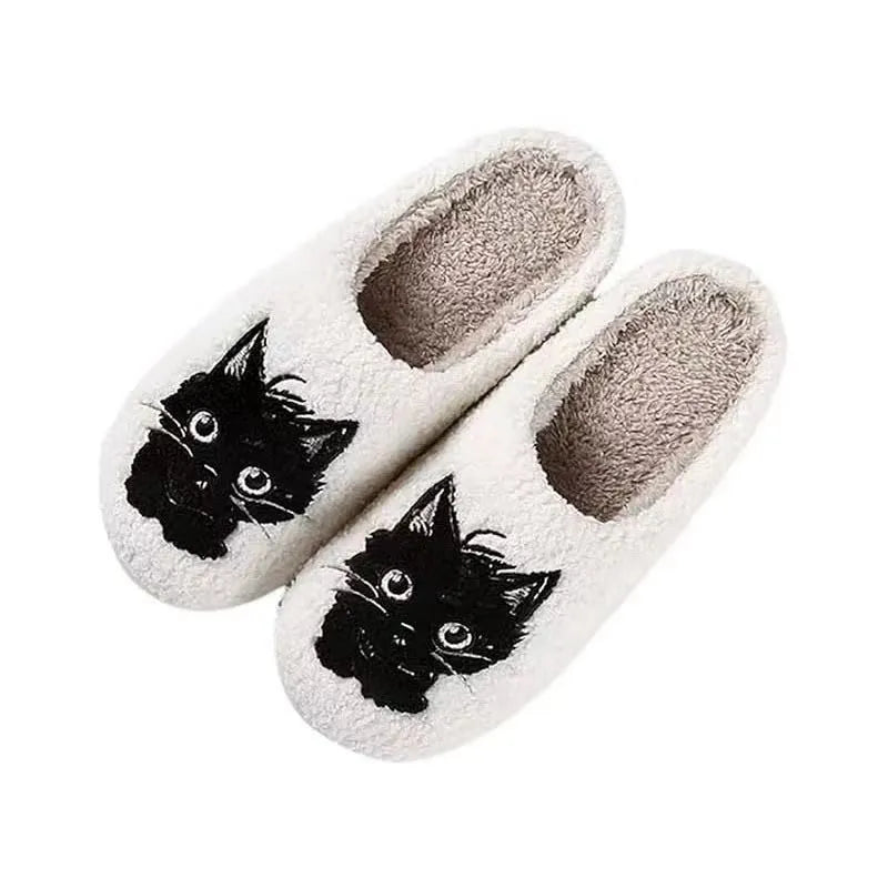 White plush cotton Black Beard Cat cartoon slippers with a non-slip sole for couples.