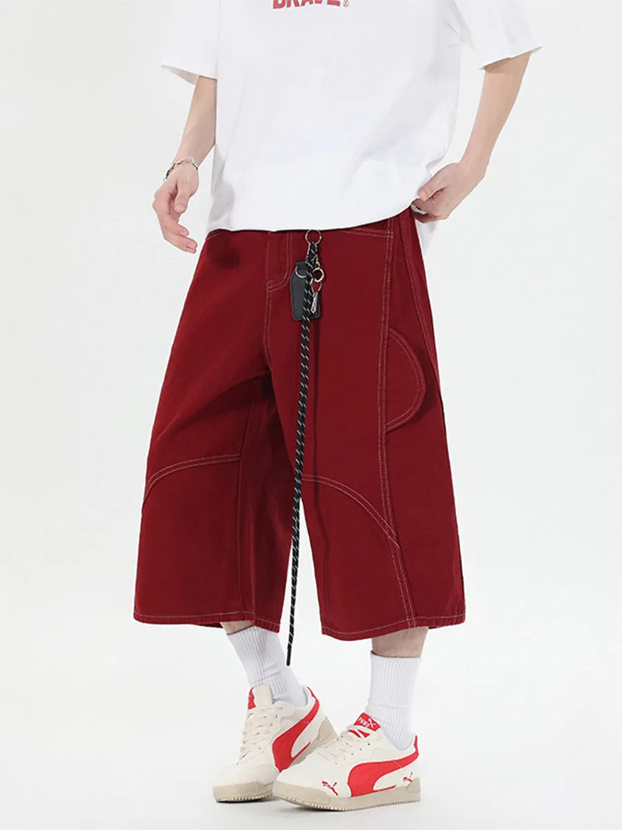 Retro denim work shorts with multiple pockets in wide leg cropped design