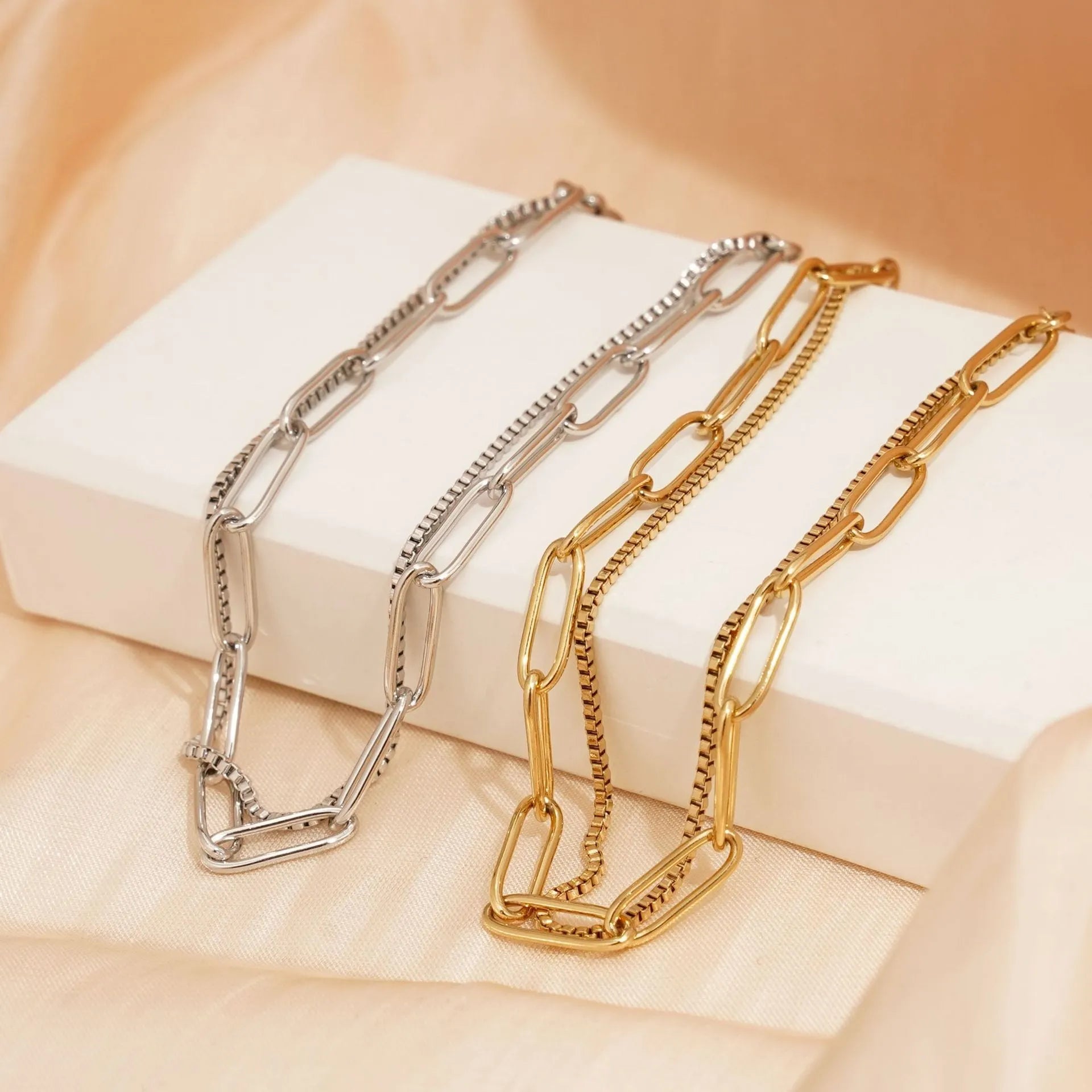 Double layer twin titanium steel women's bracelet with geometric design in gold or silver finish