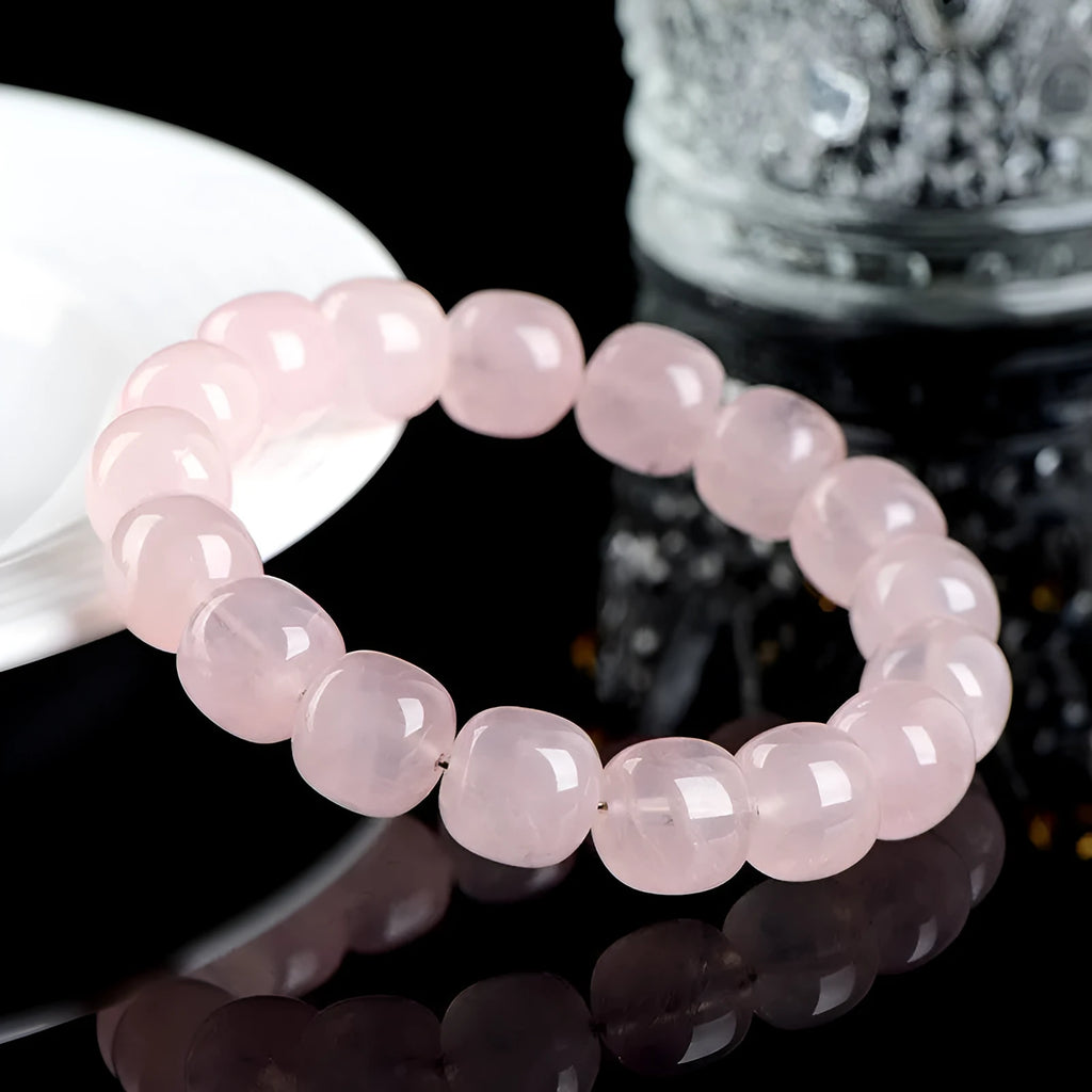 Pink crystal and natural bamboo bracelet with 11x12mm barrel-shaped geometry beads