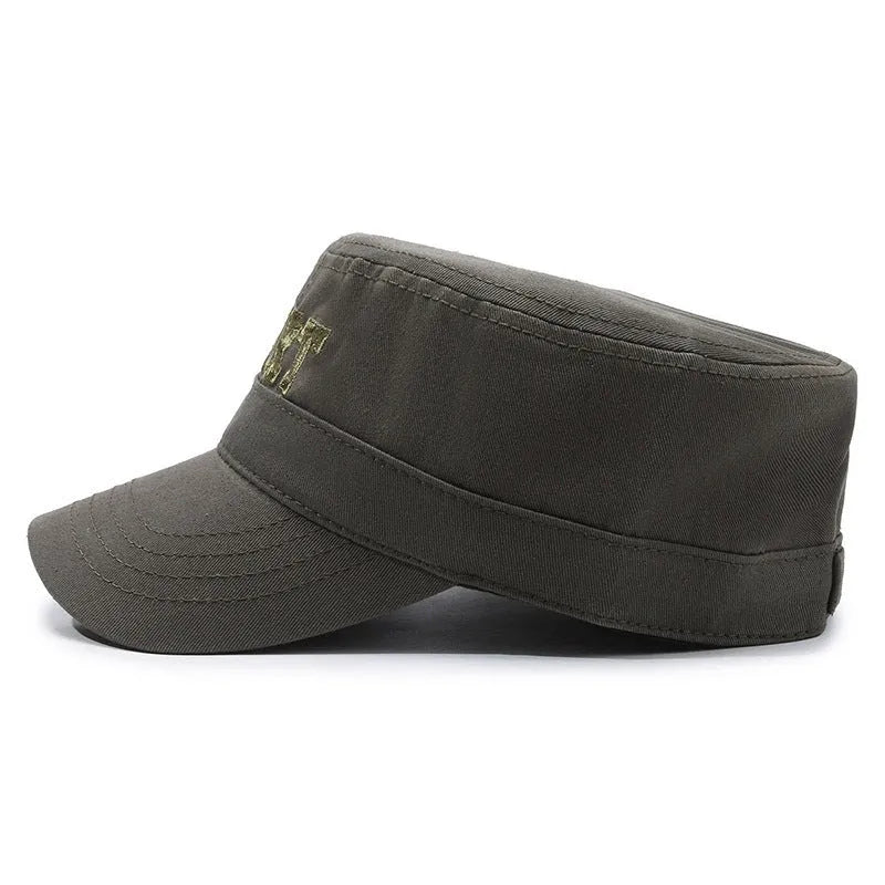Men's flat-top peaked cotton cap in army green with adjustable strap and English letter detail
