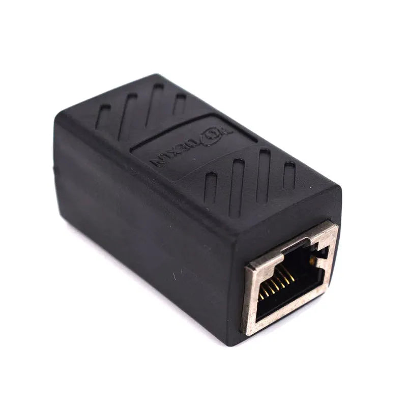 Black RJ45 butt joint extender adapter for joining two network cables