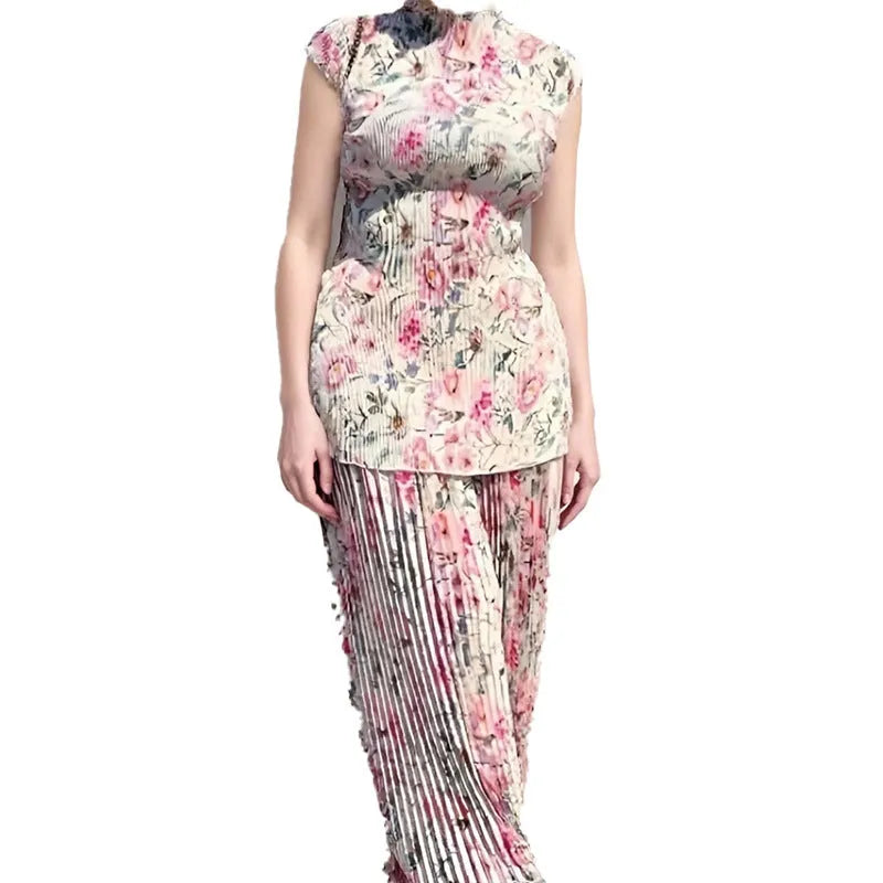 Long sleeve printed chiffon two-piece dress set with high waist design shown in picture colour.