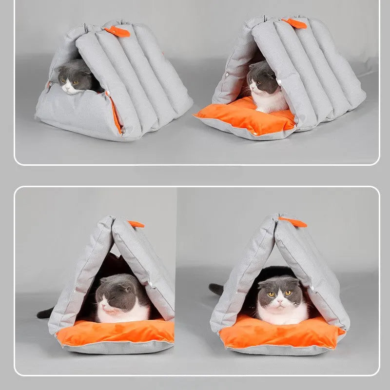 Blue triangular cat bed with removable cotton cover and side combination holes