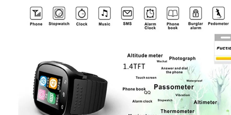 Bluetooth sports smartwatch in black, white, or blue with smartphone compatibility