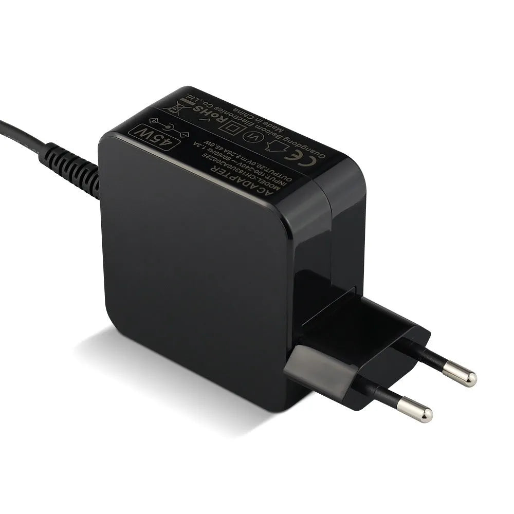 Black Hua 45W laptop power adapter with American plug and attached charging cable on a white background.