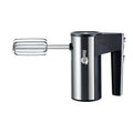 White handheld electric mixer with five speed settings and dual voltage compatibility for baking